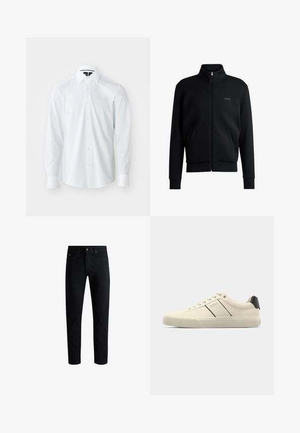 Fekete zipzáras kapucnis pulóver magas gallérral, bordázott mandzsettákkal és oldalsó zsebekkel. Diszkrét "BOSS" logó található a bal melbimen. Simább anyag.; Fehér, texturált anyagból készült, testhez álló ing. Hosszú ujjak, hegyes gallér és fehér gombok jellemzik.; Fekete, slim-fit farmernadrág, öt zsebbel, gombos záródással és övbújtatókkal, fehér háttér előtt bemutatva.; Krém színű sneakers, sima textúrával, fekete kiegészítőkkel és márkajelzéssel. Klasszikus fűzős dizájn, kerek orral és gumitalppal.
