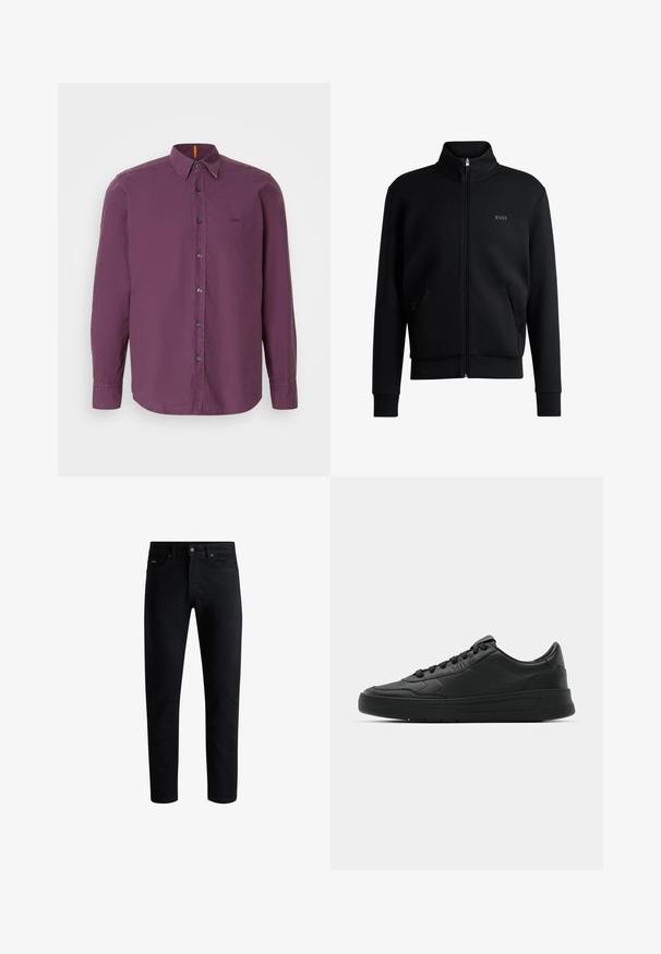 Zwarte zip-up sweatshirt met hoge kraag, geribbelde manchetten en zijzakken. Beschikt over een subtiele "BOSS" logo op de linkerborst. Glad stof.; Langarm overhemd in een diep paarse stof. Bevat een klassieke kraag, zwarte knopen en subtiele logo borduring op de borst.; Zwarte slim-fit jeans met vijf zakken, knoopsluiting en riemlussen, tegen een witte achtergrond gepresenteerd.; Zwarte sneaker met een glad leren bovenwerk, ronde neus, platte veters, gewatteerde kraag en minimalistisch design. Rubberen zool met een subtiel profiel.