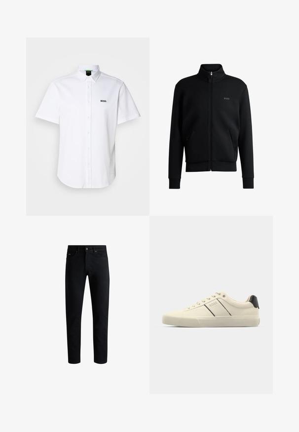 Felpa nera con zip, colletto alto, polsini a coste e tasche laterali. Presenta un discreto logo "BOSS" sul petto sinistro. Tessuto morbido.; Camicia corta bianca a maniche corte in cotone, con colletto a punta e logo "BOSS" nero sulla parte sinistra del petto. Tessuto liscio.; Jeans neri slim fit con cinque tasche, chiusura a bottoni e passanti per cintura, esposti su uno sfondo bianco.; Sneaker color crema con una texture liscia, caratterizzate da accenti e marchi neri. Design classico con lacci, punta rotonda e suola in gomma.