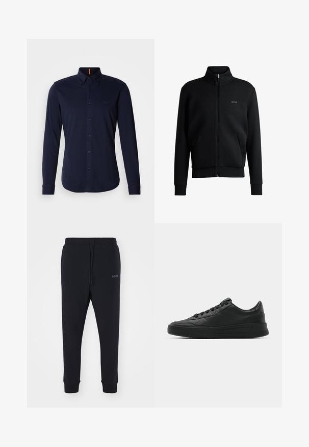 Juodas zip-up megztinis su aukštu apykakle, raukiniais ant rankovių ir šoninėmis kišenėmis. Kairėje krūtinės pusėje yra subtilus "BOSS" logotipas. Lygus audinys.; Tamsiai mėlynas ilgomis rankovėmis marškiniai iš medvilnės, su klasikinio tipo apykakle, subtiliu logotipu ant krūtinės ir mygtukais užsegamomis rankovėmis.; Juodos sportinės kelnės, pagamintos iš minkštos medžiagos, su elastinga juosta, raišteliu ir aptemptomis kojomis. Šone yra mažas logotipas.; Juodi sportiniai batai su lygia odine viršutine dalimi, apvaliu pirštu, plokščiomis raišteliais, pagaminta su paminkštinta apykakle ir minimalizmo dizainu. Guma padais su subtilia protektoriaus raštu.