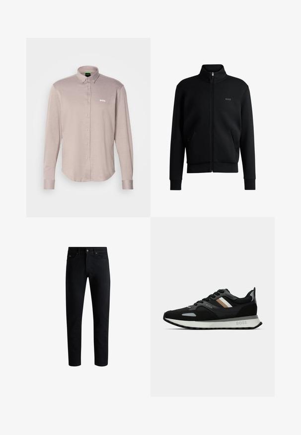 Fekete zipzáras kapucnis pulóver magas gallérral, bordázott mandzsettákkal és oldalsó zsebekkel. Diszkrét "BOSS" logó található a bal melbimen. Simább anyag.; Világos bézs ing, texturált anyagból készült, gombos gallérral, hosszú ujjakkal, és egy kis fehér "BOSS" logóval a mellkason.; Fekete, slim-fit farmernadrág, öt zsebbel, gombos záródással és övbújtatókkal, fehér háttér előtt bemutatva.; Fekete futócipő, texturált felülettel, világosszürke díszítésekkel és három északi csíkkal barnában. Fehér párnázott talpával rendelkezik.