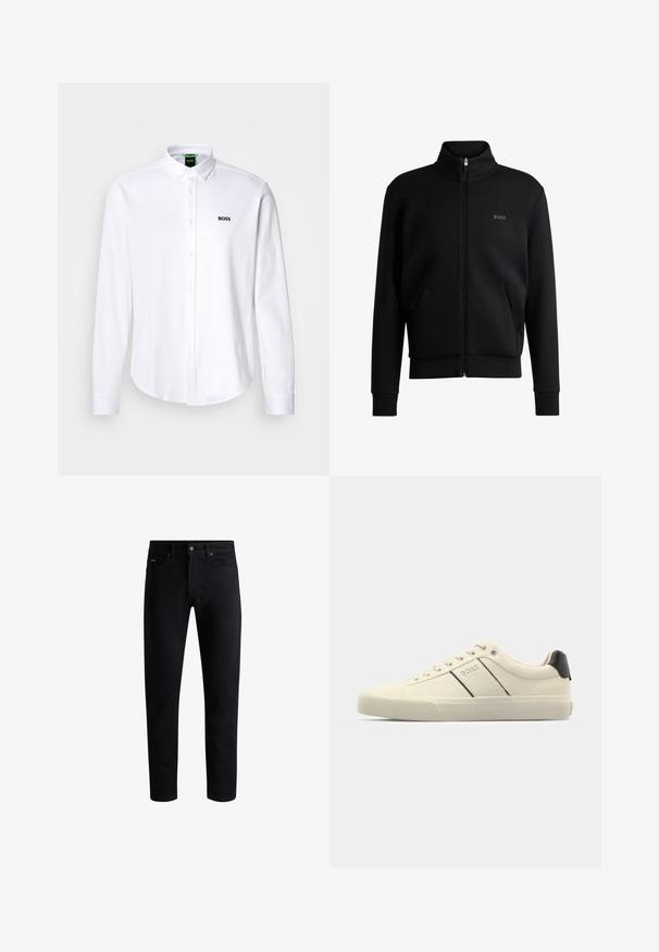 Fekete zipzáras kapucnis pulóver magas gallérral, bordázott mandzsettákkal és oldalsó zsebekkel. Diszkrét "BOSS" logó található a bal melbimen. Simább anyag.; Fehér, gombos póló pamutból, klasszikus gallérral és egy diszkrét hímzett logóval a bal mellen. Sima textúra.; Fekete, slim-fit farmernadrág, öt zsebbel, gombos záródással és övbújtatókkal, fehér háttér előtt bemutatva.; Krém színű sneakers, sima textúrával, fekete kiegészítőkkel és márkajelzéssel. Klasszikus fűzős dizájn, kerek orral és gumitalppal.