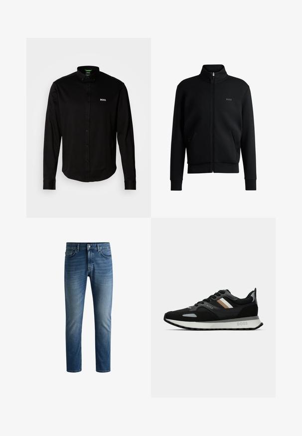 Svart glidelås sweatshirt med høy krage, ribbede mansjetter og sidelommer. Har en subtil "BOSS"-logo på venstre bryst. Glatt stoff.; Svart skjorte med lange ermer og krage med knapper, laget av myk stoff, med en hvit brodert logo på venstre bryst.; Mørk blå denimjeans med rett snitt, fem lommers design, lys falming på lårene, og en enkelt knapp i midjen.; Svart løpetreningssko med teksturert overflate, lysegrå detaljer og tre horisontale striper i brunt. Har en hvit polstret såle.