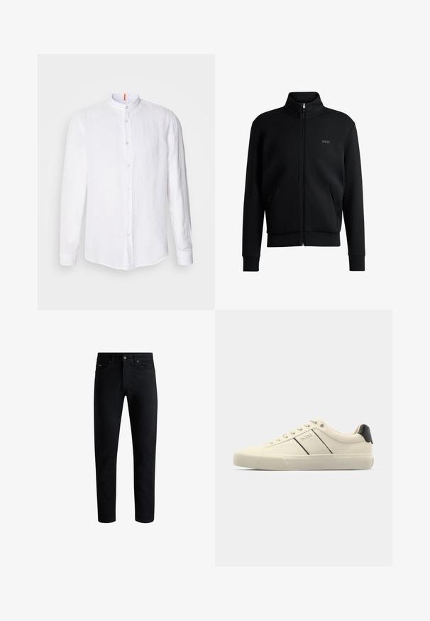 Fekete zipzáras kapucnis pulóver magas gallérral, bordázott mandzsettákkal és oldalsó zsebekkel. Diszkrét "BOSS" logó található a bal melbimen. Simább anyag.; Fehér vászon ing mandarin gallérral, elöl gombos záródással, hosszú ujjakkal és finom textúrával. Figyelemre méltó narancssárga akcentussal a galléron.; Fekete, slim-fit farmernadrág, öt zsebbel, gombos záródással és övbújtatókkal, fehér háttér előtt bemutatva.; Krém színű sneakers, sima textúrával, fekete kiegészítőkkel és márkajelzéssel. Klasszikus fűzős dizájn, kerek orral és gumitalppal.