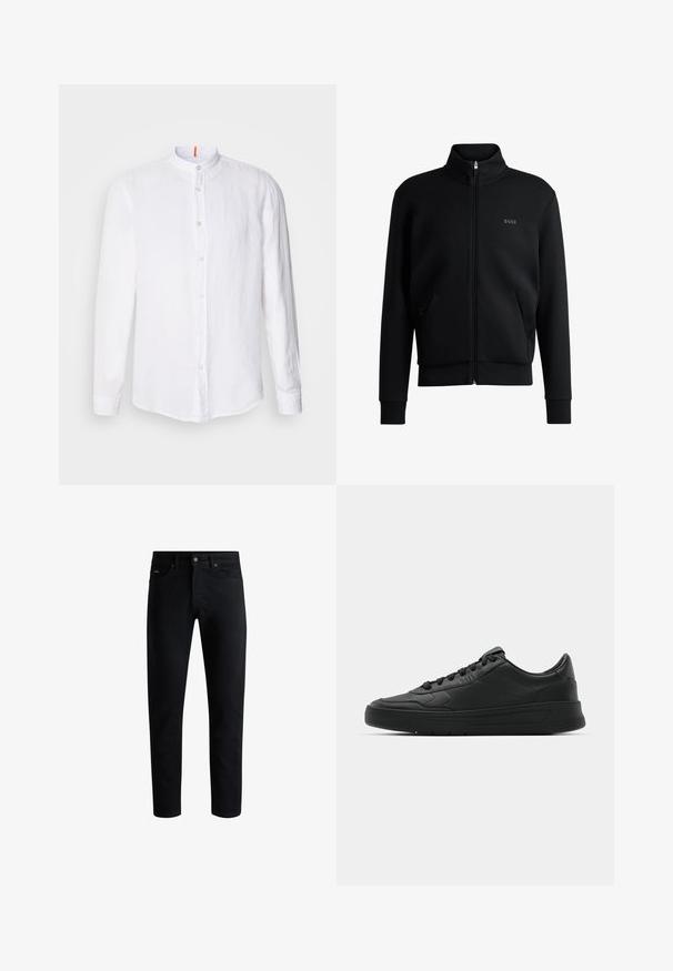 Sudadera negra con cremallera y cuello alto, puños acanalados y bolsillos laterales. Presenta un discreto logo "BOSS" en el lado izquierdo del pecho. Tejido suave.; Camisa de lino blanca con cuello mao, cierre frontal de botones, mangas largas y una textura sutil. Destaca un acento naranja en el cuello.; Vaqueros ajustados negros con cinco bolsillos, cierre de botón y trabillas para cinturón, exhibidos sobre un fondo blanco.; Zapatilla negra con parte superior de cuero liso, puntera redonda, cordones planos, cuello acolchado y diseño minimalista. Suela de goma con un patrón de relieve sutil.