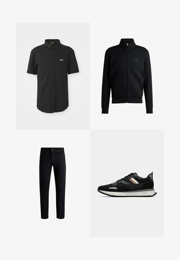Czarna bluzka z kapturem na suwak, z wysokim kołnierzem, ściągaczami przy mankietach i kieszeniami bocznymi. Posiada subtelne logo "BOSS" na lewej piersi. Gładki materiał.; Czarna koszula z krótkim rękawem, z zapięciem na guziki i stożkowym kołnierzykiem. Na lewej stronie klatki piersiowej widnieje białe logo "BOSS". Wykonana z gładkiego materiału.; Czarne jeansy slim fit z pięcioma kieszeniami, zapięciem na guzik i pętelkami na pasek, wyeksponowane na białym tle.; Czarny but do biegania z teksturowaną powierzchnią, jasnoszarymi akcentami i trzema poziomymi paskami w kolorze brązowym. Posiada białą, amortyzującą podeszwę.