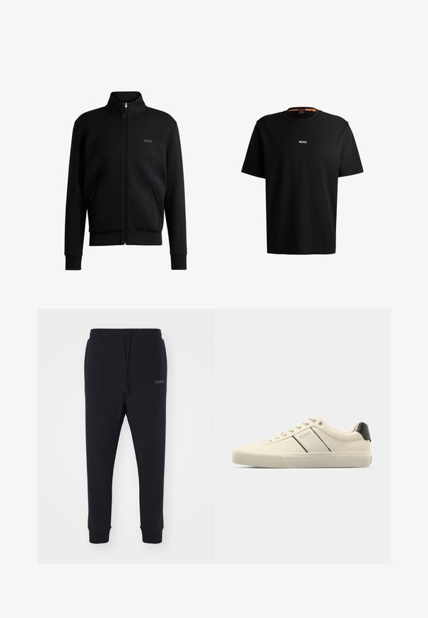 Sweatshirt preto com fecho e colar alto, punhos canelados e bolsos laterais. Apresenta um discreto logótipo "BOSS" no lado esquerdo do peito. Tecido suave.; T-shirt preta em algodão com gola redonda, mangas curtas e logo branco "BOSS" centrado no peito. Textura suave, corte casual.; Calças de fato pretas feitas de material macio, com uma cintura elástica, cordão e pernas ajustadas. Apresenta um pequeno logotipo de lado.; Sapatilhas de cor creme com uma textura suave, apresentando detalhes e marcação em preto. Design clássico com atacadores e bico redondo, e sola de borracha.