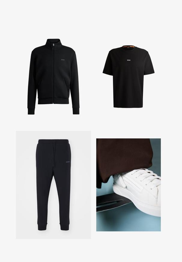 Musta vetoketjullinen huppari, jossa on korkea kaulus, ribattu hihansuu ja sivutaskut. Vasemmassa rinnassa on hillitty "BOSS"-logo. Vaatteen pinta on sileä.; Mustia puuvillapaita, jossa on pyöreä kaula-aukko, lyhyet hihat ja valkoinen "BOSS"-logo rinnassa keskellä. Sileä rakenne, rento istuvuus.; Mustat verkkarit, jotka on valmistettu pehmeästä materiaalista, jossa on elastinen vyötärö, nyöri ja kapenevat lahkeet. Sivulla on pieni logo.; Valkoinen nahkakengät, joissa on teksturoitu pinta, litteät nauhat ja sivumerkki, asetettuna metalliseen skeittilautaan sinisellä taustalla.