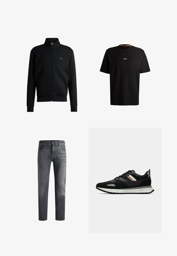Black zip-up sweatshirt with high collar, ribbed cuffs, and side pockets. Features a subtle "BOSS" logo on the left chest. Smooth fabric.; Black cotton t-shirt with round neckline, short sleeves, and white “BOSS” logo centered on the chest. Smooth texture, casual fit.; Dark gray denim jeans with a straight fit. Features five pockets, a zip fly, and light whiskering on the thighs for subtle texture.; Black running shoe with a textured surface, light gray accents, and three horizontal stripes in brown. Features a white cushioned sole.