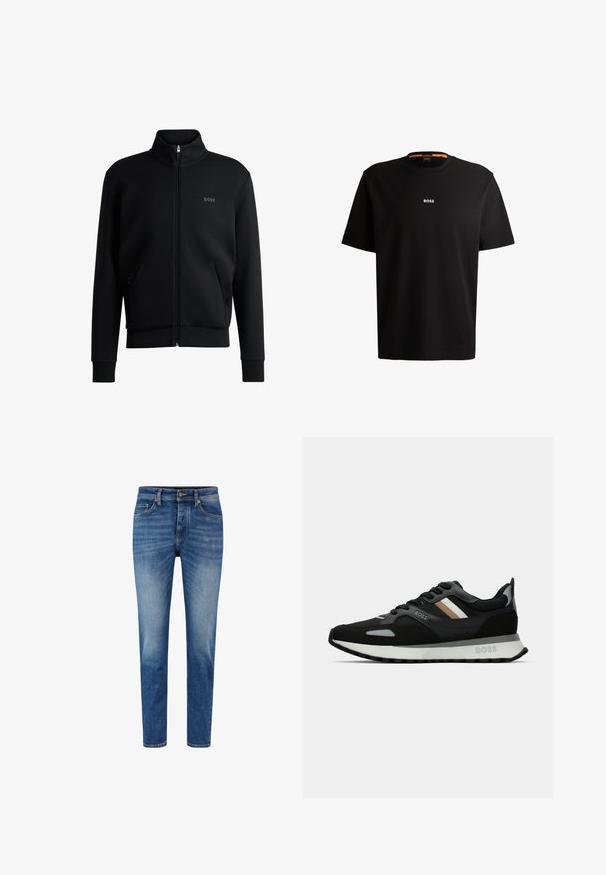 Must-haves mustaja tõmblukkidega kapuutsiga dressipluus, ribakäiste ja küljetaskutega. Vasakul rinnal on peen "BOSS" logo. Sile kangas.; Must musta T-särk ümmarguse kaelusega, lühikeste varrukatega ja valge "BOSS" logoga, mis on keskendatud rinnale. Sile tekstuur, võimaldab mugavat istuvust.; Heledad sinised teksapüksid, millel on kitsas lõige, klassikaline viie tasku disain, nööbikinnitus ja õrn fade-efekt jalgade pikkuses.; Mustmustreen jooksujalats, millel on tekstuuriga pind, helesinised aktsendid ja kolm horisontaalset triipu pruunis. Omab valget pehmendatud tallat.