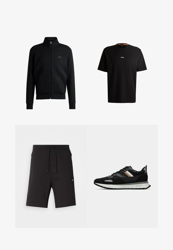 Juodas zip-up megztinis su aukštu apykakle, raukiniais ant rankovių ir šoninėmis kišenėmis. Kairėje krūtinės pusėje yra subtilus "BOSS" logotipas. Lygus audinys.; Juodas medvilnės marškinėliai su apvaliu iškirpimu, trumpomis rankovėmis ir baltu "BOSS" logotipu, esant centruojamam ant krūtinės. Sklandžiai jaučiasi, patogus siluetas.; Juodi šortai pagaminti iš minkštos medžiagos, su elastingu juosmeniu ir raišteliu, šoniniais kišenėmis ir mažą logotipą kairėje pusėje.; Juodas bėgimo batelis su struktūrizuota paviršiumi, šviesiai pilkomis akcentais ir trimis horizontaliosiomis rudo atspalvio juostomis. Savyje turi baltą paminkštintą padu.
