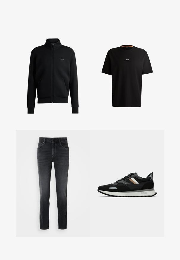 Sweatshirt preto com fecho e colar alto, punhos canelados e bolsos laterais. Apresenta um discreto logótipo "BOSS" no lado esquerdo do peito. Tecido suave.; T-shirt preta em algodão com gola redonda, mangas curtas e logo branco "BOSS" centrado no peito. Textura suave, corte casual.; Jeans de ganga preta com um corte slim, apresentando uma cintura de altura média, um design clássico de cinco bolsos e um desvanecimento subtil nas pernas.; Shoe de corrida preto com uma superfície texturizada, detalhes cinza claro e três riscas horizontais em castanho. Apresenta uma sola branca acolchoada.