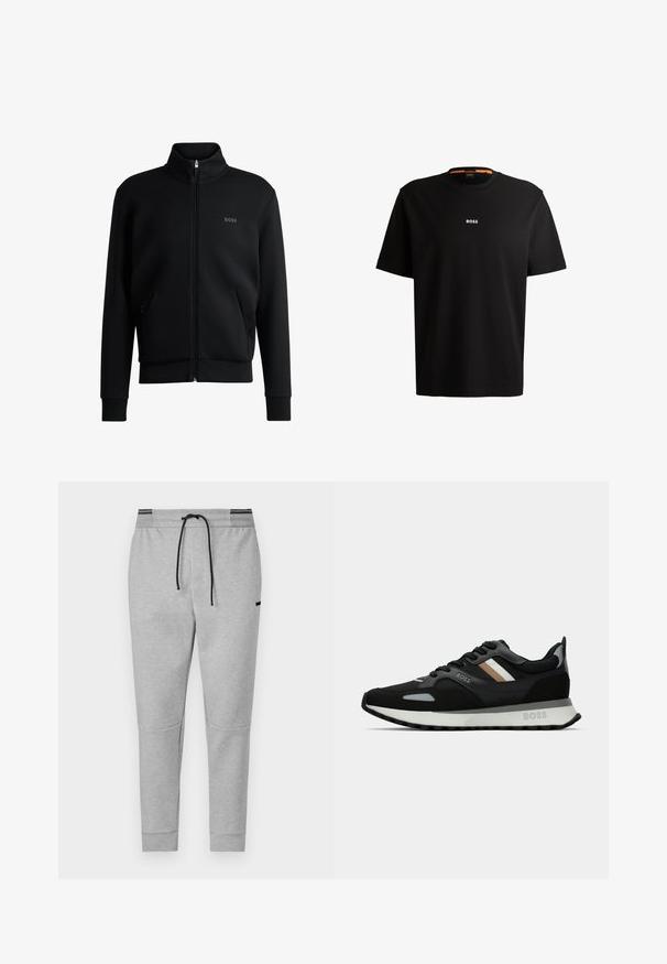 Black zip-up sweatshirt with high collar, ribbed cuffs, and side pockets. Features a subtle "BOSS" logo on the left chest. Smooth fabric.; Black cotton t-shirt with round neckline, short sleeves, and white “BOSS” logo centered on the chest. Smooth texture, casual fit.; Gray sweatpants with an elastic waistband, black drawstring, and zipper pockets; features knee panels and ribbed cuffs.; Black running shoe with a textured surface, light gray accents, and three horizontal stripes in brown. Features a white cushioned sole.