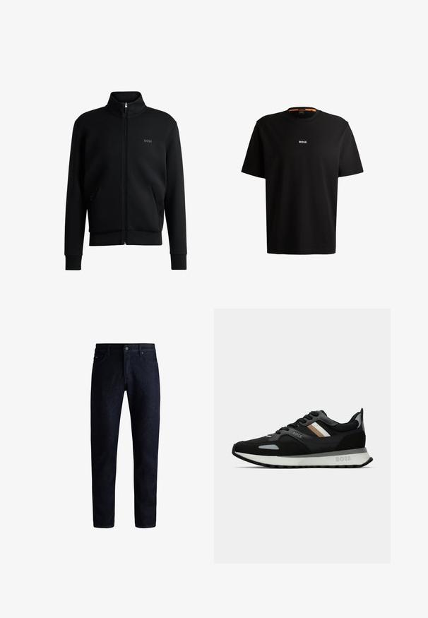 Sudadera negra con cremallera y cuello alto, puños acanalados y bolsillos laterales. Presenta un discreto logo "BOSS" en el lado izquierdo del pecho. Tejido suave.; Camiseta de algodón negro con cuello redondo, mangas cortas y el logotipo "BOSS" en blanco centrado en el pecho. Textura suave, corte casual.; Jeans de mezclilla azul oscuro con un clásico diseño de cinco bolsillos, corte recto y una sutil textura. Cierre con botón de metal en la cintura.; Zapatilla de running negra con superficie texturizada, acentos en gris claro y tres rayas horizontales en marrón. Presenta una suela blanca acolchada.