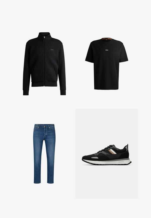 Sweatshirt preto com fecho e colar alto, punhos canelados e bolsos laterais. Apresenta um discreto logótipo "BOSS" no lado esquerdo do peito. Tecido suave.; T-shirt preta em algodão com gola redonda, mangas curtas e logo branco "BOSS" centrado no peito. Textura suave, corte casual.; Jeans de ganga azul com um corte reto, apresentando cinco bolsos, passadores de cinto e fecho com botão. Desgaste leve na parte da frente e costura em contraste.; Shoe de corrida preto com uma superfície texturizada, detalhes cinza claro e três riscas horizontais em castanho. Apresenta uma sola branca acolchoada.