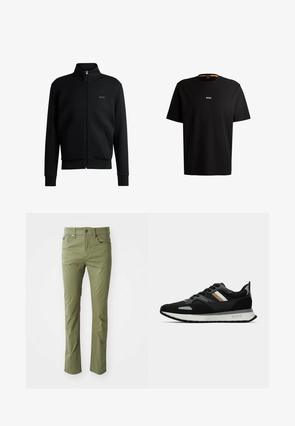 Μαύρο φερμουάρ φούτερ με υψηλό λαιμό, ριγωτούς καρπούς και πλαϊνές τσέπες. Διαθέτει μια διακριτική λογότυπο "BOSS" στο αριστερό στήθος. Λείο ύφασμα.; Μαύρη βαμβακερή μπλούζα με στρογγυλή λαιμόκοψη, κοντά μανίκια και λευκό λογότυπο "BOSS" κεντραρισμένο στην περιοχή του στήθους. Ομαλή υφή, άνετη εφαρμογή.; Παντελόνι από βαμβακερό μείγμα σε ελαιόλευκο χρώμα με ίσια γραμμή, πέντε τσέπες, κλείσιμο με μεταλλικό κουμπί και θηλιές για ζώνη. Μαλακή, λεία υφή.; Μαύρο αθλητικό παπούτσι με υφασμάτινη επιφάνεια, ανοιχτό γκρι λεπτομέρειες και τρεις οριζόντιες ρίγες σε καφέ χρώμα. Διαθέτει λευκή μαλακή σόλα.