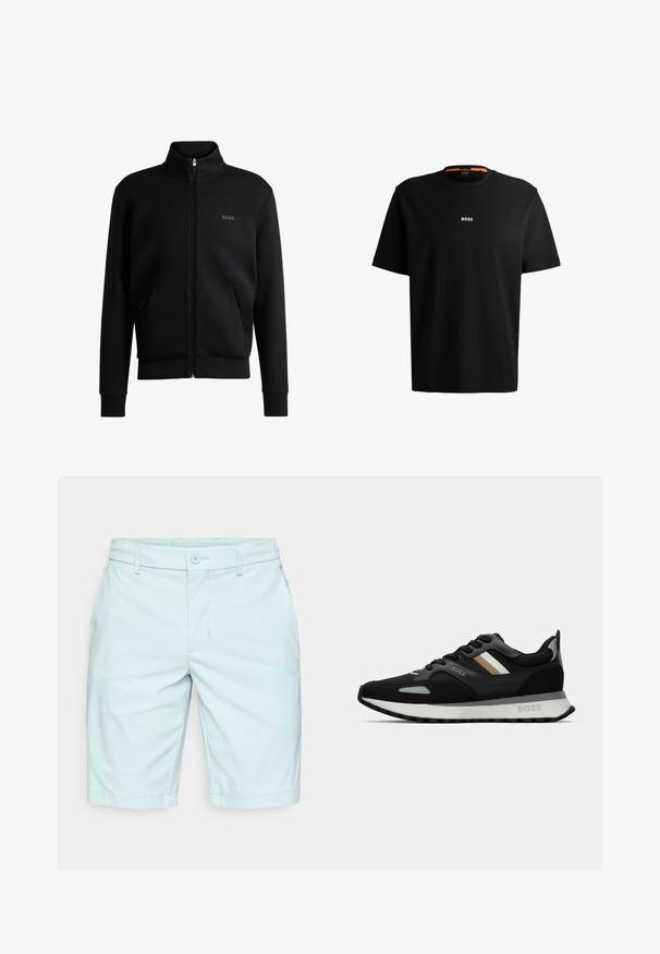 Svart zip-up sweatshirt med hög krage, ribbade manschetter och sidofickor. Har en diskret "BOSS"-logotyp på vänster bröst. Slätt tyg.; Svart bomullströja med rund halsringning, korta ärmar och vit "BOSS"-logotyp centrerad på bröstet. Slät textur, avslappnad passform.; Ljusblå shorts i mjukt tyg, med knappstängning, bälteshällor och rak skärning. Inga fickor synliga framtill.; Svart löparsko med en texturerad yta, ljusgrå detaljer och tre horisontella ränder i brunt. Har en vit stoppad sula.