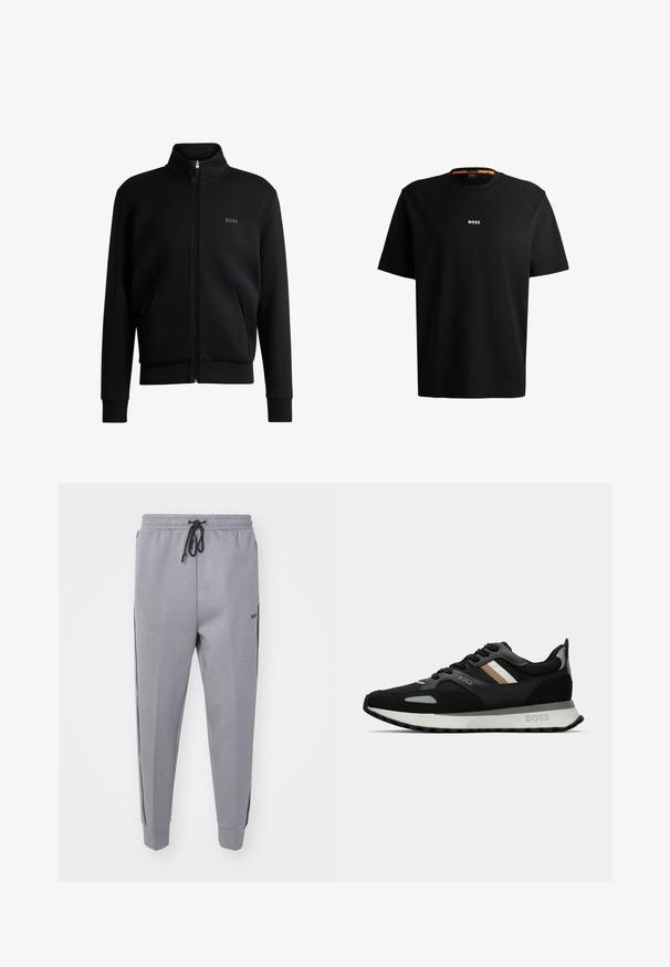 Sort zip-up sweatshirt med høj krave, ribbede manchetter og sidelommer. Har et subtilt "BOSS" logo på venstre bryst. Glat stof.; Sort bomulds t-shirt med rund halsudskæring, korte ærmer og hvid "BOSS" logo centreret på brystet. Glat tekstur, afslappet pasform.; BOSS HADIKO - Træningsbukser - dark beige; Sort løbesko med en tekstureret overflade, lysegrå accenter og tre vandrette striber i brun. Har en hvid polstret sål.