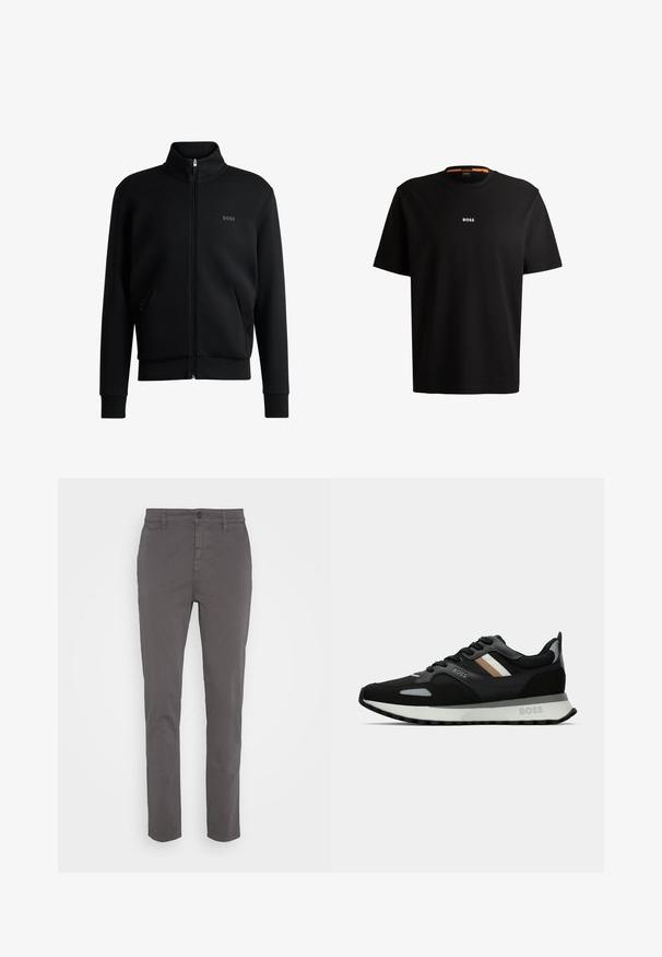 Svart glidelås sweatshirt med høy krage, ribbede mansjetter og sidelommer. Har en subtil "BOSS"-logo på venstre bryst. Glatt stoff.; Svart bomull t-skjorte med rund hals, korte ermer og hvit "BOSS"-logo sentrert på brystet. Glatt tekstur, avslappet passform.; Grå chinos med slim fit, laget av pustende bomull. Har knappelukking og sidelommer, med en glatt, matt finish.; Svart løpetreningssko med teksturert overflate, lysegrå detaljer og tre horisontale striper i brunt. Har en hvit polstret såle.