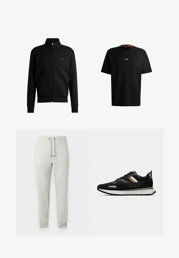 Black zip-up sweatshirt with high collar, ribbed cuffs, and side pockets. Features a subtle "BOSS" logo on the left chest. Smooth fabric.; Black cotton t-shirt with round neckline, short sleeves, and white “BOSS” logo centered on the chest. Smooth texture, casual fit.; Light gray tapered sweatpants with elastic waistband, adjustable drawstring, cuffed ankles, and small white logo on the right thigh.; Black running shoe with a textured surface, light gray accents, and three horizontal stripes in brown. Features a white cushioned sole.