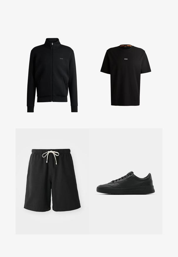 Sudadera negra con cremallera y cuello alto, puños acanalados y bolsillos laterales. Presenta un discreto logo "BOSS" en el lado izquierdo del pecho. Tejido suave.; Camiseta de algodón negro con cuello redondo, mangas cortas y el logotipo "BOSS" en blanco centrado en el pecho. Textura suave, corte casual.; Shorts de sudor negro hechos de un material suave, con una cinturilla elástica que incluye un cordón de color crema y bolsillos laterales.; Zapatilla negra con parte superior de cuero liso, puntera redonda, cordones planos, cuello acolchado y diseño minimalista. Suela de goma con un patrón de relieve sutil.