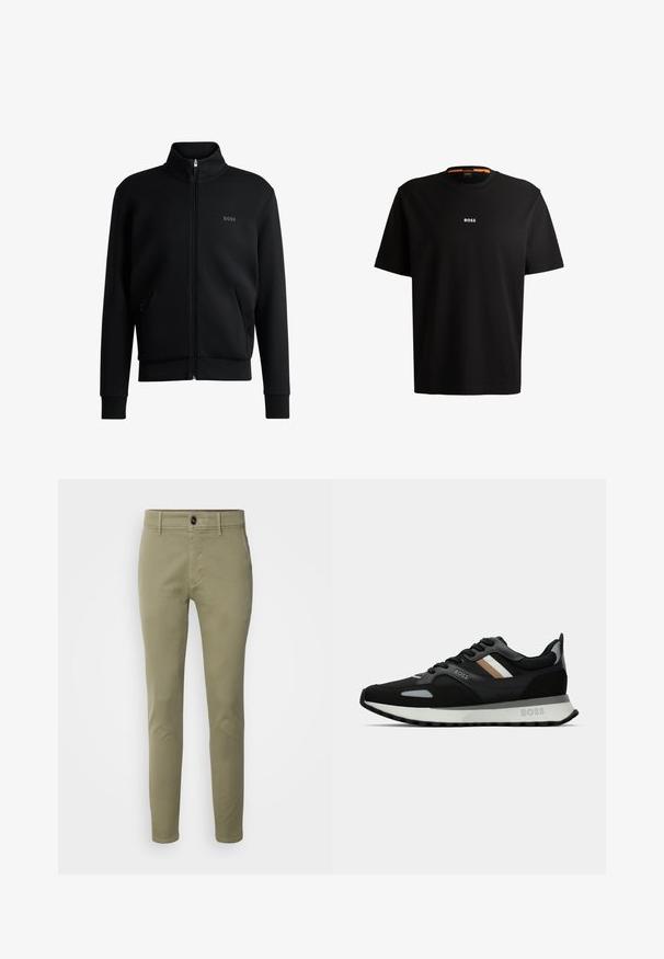 Svart zip-up sweatshirt med hög krage, ribbade manschetter och sidofickor. Har en diskret "BOSS"-logotyp på vänster bröst. Slätt tyg.; Svart bomullströja med rund halsringning, korta ärmar och vit "BOSS"-logotyp centrerad på bröstet. Slät textur, avslappnad passform.; BOSS SLIM - Chinos - open green; Svart löparsko med en texturerad yta, ljusgrå detaljer och tre horisontella ränder i brunt. Har en vit stoppad sula.