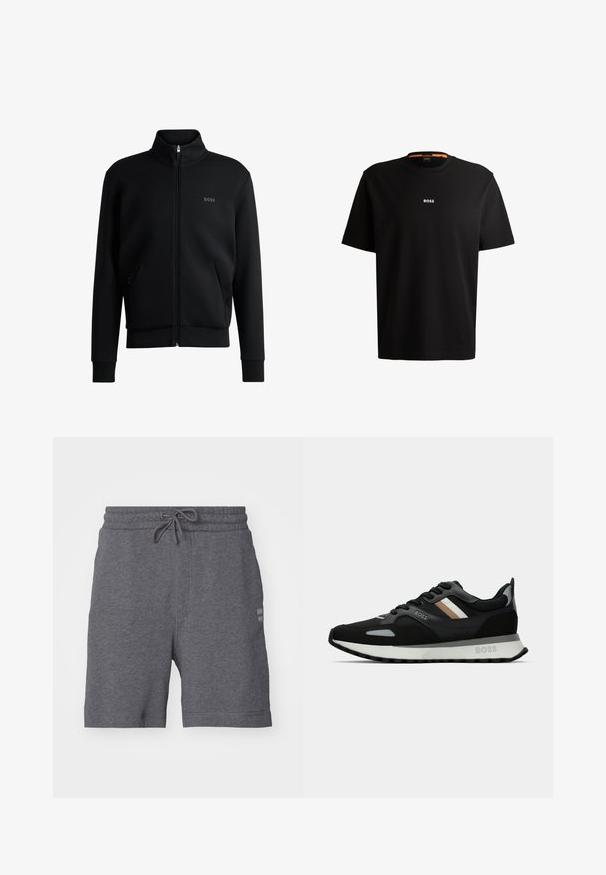 Czarna bluzka z kapturem na suwak, z wysokim kołnierzem, ściągaczami przy mankietach i kieszeniami bocznymi. Posiada subtelne logo "BOSS" na lewej piersi. Gładki materiał.; Czarna bawełniana koszulka z okrągłym dekoltem, krótkimi rękawami i białym logo "BOSS" umieszczonym na środku klatki piersiowej. Gładka tekstura, casualowy krój.; BOSS - Spodnie treningowe; Czarny but do biegania z teksturowaną powierzchnią, jasnoszarymi akcentami i trzema poziomymi paskami w kolorze brązowym. Posiada białą, amortyzującą podeszwę.