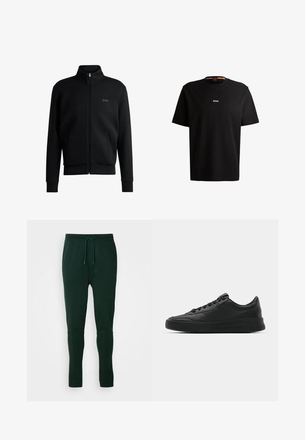 Melns zip-up džemperis ar augstu apkakli, ribotām aprocēm un sānu kabatām. Uz kreisā krūša ir smalks "BOSS" logo. Gluda auduma.; Melnas kokvilnas T-krekls ar apaļu kakla izgriezumu, īsām piedurknēm un baltu "BOSS" logo centrā uz krūšu daļas. Gluda tekstūra, ikdienišķs griezums.; Tumši zaļi sporta bikses no mīksta auduma ar elastīgu jostu, regulējamu auklu un šaurām piedurknēm. Nav redzamu rakstu vai metāla elementu.; Melnās kedas ar gludu ādas augšpusi, apaļu purngalu, plakaniem šņorēm, mīkstinātu apkakli un minimālistisku dizainu. Gumijas zole ar smalku rakstu.