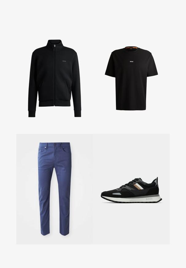 Črna zip-up pulover s visokim ovratnikom, rebrastimi manšetami in stranskimi žepi. Ima subtilno logo "BOSS" na levem prsnem delu. Gladka tkanina.; Črna bombažna majica s krožnim izrezom, kratkimi rokavi in belim logotipom "BOSS" na sredini prsnega dela. Gladka tekstura, sproščen kroj.; Mornarsko modri bombažni hlače s slim fit krojem, petimi žepi in sprednjim gumbom za zapiranje. Gladka tekstura z diskretnimi šivi.; Črne tekaške čevlje z teksturirano površino, svetlo sivi poudarki in tremi vodoravnimi črtami v rjavi barvi. Imajo belo oblazinjeno podplat.