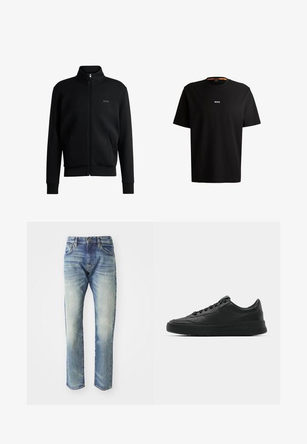 Juodas zip-up megztinis su aukštu apykakle, raukiniais ant rankovių ir šoninėmis kišenėmis. Kairėje krūtinės pusėje yra subtilus "BOSS" logotipas. Lygus audinys.; Juodas medvilnės marškinėliai su apvaliu iškirpimu, trumpomis rankovėmis ir baltu "BOSS" logotipu, esant centruojamam ant krūtinės. Sklandžiai jaučiasi, patogus siluetas.; Šviesiai mėlyni džinsai su tiesiu kirpimu, turintys nedidelį išblukimą, penkias kišenes ir metalinį mygtuko užsegimą juosmens srityje.; Juodi sportiniai batai su lygia odine viršutine dalimi, apvaliu pirštu, plokščiomis raišteliais, pagaminta su paminkštinta apykakle ir minimalizmo dizainu. Guma padais su subtilia protektoriaus raštu.