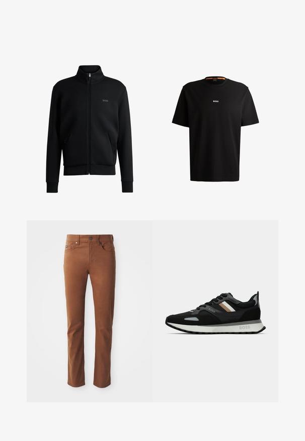 Crni zip-up dukserica s visokim ovratnikom, rebrastim manžetama i bočnim džepovima. Sadrži suptilan "BOSS" logo na lijevoj strani prsnog koša. Glatka tkanina.; Crna pamučna majica s okruglim izrezom, kratkim rukavima i bijelim logotipom "BOSS" na sredini prsnog dijela. Glatka tekstura, ležeran kroj.; Smeđe pamučne hlače sa ravnim nogavicama, s prednjim zatvaranjem na dugme, pet džepova i minimalnim detaljima šivanja.; Crne trkačke tenisice s teksturiranom površinom, svijetlosivim akcentima i tri horizontalne pruge u smeđoj boji. Imaju bijelu podstavljenu potplat.