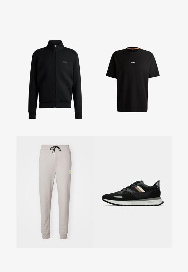 Sweatshirt preto com fecho e colar alto, punhos canelados e bolsos laterais. Apresenta um discreto logótipo "BOSS" no lado esquerdo do peito. Tecido suave.; T-shirt preta em algodão com gola redonda, mangas curtas e logo branco "BOSS" centrado no peito. Textura suave, corte casual.; Calças de moletão cinza claro feitas de uma mistura de algodão macio, com um cós elástico e cordão preto, bolsos laterais e tornozelos com punhos.; Shoe de corrida preto com uma superfície texturizada, detalhes cinza claro e três riscas horizontais em castanho. Apresenta uma sola branca acolchoada.