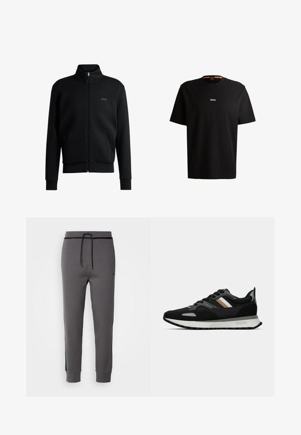 Svart zip-up sweatshirt med hög krage, ribbade manschetter och sidofickor. Har en diskret "BOSS"-logotyp på vänster bröst. Slätt tyg.; Svart bomullströja med rund halsringning, korta ärmar och vit "BOSS"-logotyp centrerad på bröstet. Slät textur, avslappnad passform.; Grå mjukisbyxor med dragsko i midjan, sidostreck, elastiska mudd och slät yta, med en minimalistisk design utan synliga fickor.; Svart löparsko med en texturerad yta, ljusgrå detaljer och tre horisontella ränder i brunt. Har en vit stoppad sula.