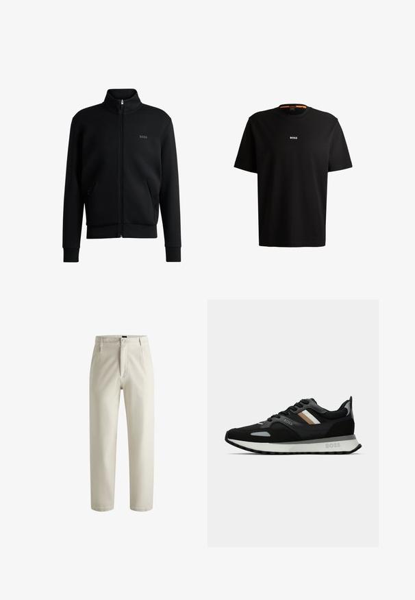 Black zip-up sweatshirt with high collar, ribbed cuffs, and side pockets. Features a subtle "BOSS" logo on the left chest. Smooth fabric.; Black cotton t-shirt with round neckline, short sleeves, and white “BOSS” logo centered on the chest. Smooth texture, casual fit.; Cream-colored trousers made from cotton, featuring a straight-leg design, front zipper, and two side pockets. Smooth texture with minimal detailing.; Black running shoe with a textured surface, light gray accents, and three horizontal stripes in brown. Features a white cushioned sole.