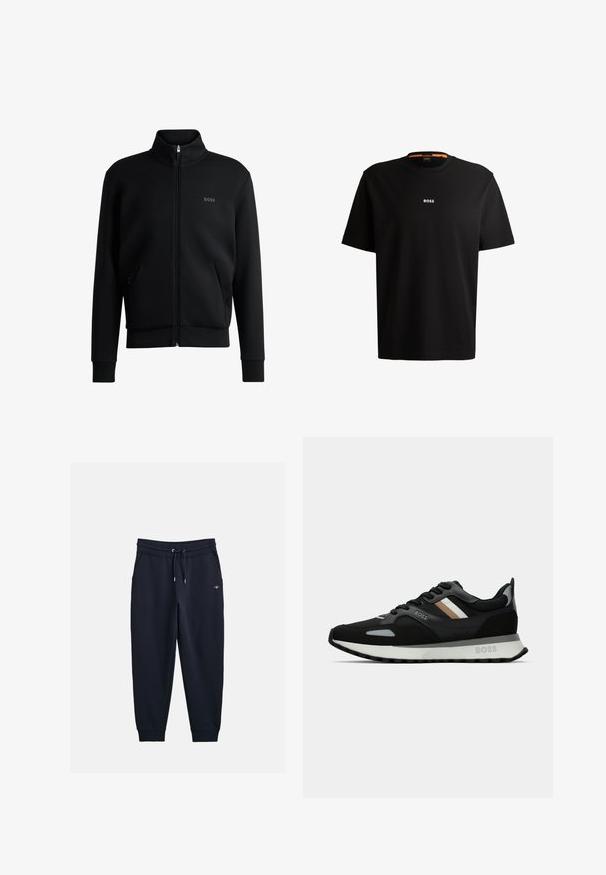 Zwarte zip-up sweatshirt met hoge kraag, geribbelde manchetten en zijzakken. Beschikt over een subtiele "BOSS" logo op de linkerborst. Glad stof.; Zwarte katoenen t-shirt met ronde halslijn, korte mouwen en een witte "BOSS"-logo in het midden van de borst. Het heeft een gladde textuur en een casual pasvorm.; Marineblauwe trainingsbroek van zacht materiaal, voorzien van een elastische tailleband met trekkoord, zijzakken en geribbelde boorden.; Zwarte hardloopschoen met een gestructureerd oppervlak, lichtgrijze accenten en drie horizontale strepen in bruin. Voorzien van een witte, gevoerde zool.