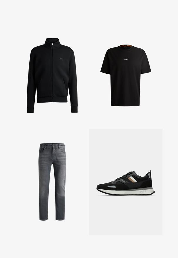 Juodas zip-up megztinis su aukštu apykakle, raukiniais ant rankovių ir šoninėmis kišenėmis. Kairėje krūtinės pusėje yra subtilus "BOSS" logotipas. Lygus audinys.; Juodas medvilnės marškinėliai su apvaliu iškirpimu, trumpomis rankovėmis ir baltu "BOSS" logotipu, esant centruojamam ant krūtinės. Sklandžiai jaučiasi, patogus siluetas.; Tamsiai pilki džinsai su tiesiu kirpimu, švelniu blukimu, penkiomis kišenėmis ir klasikinėmis siuvimo detalėmis ant siūlių bei juosmens.; Juodas bėgimo batelis su struktūrizuota paviršiumi, šviesiai pilkomis akcentais ir trimis horizontaliosiomis rudo atspalvio juostomis. Savyje turi baltą paminkštintą padu.