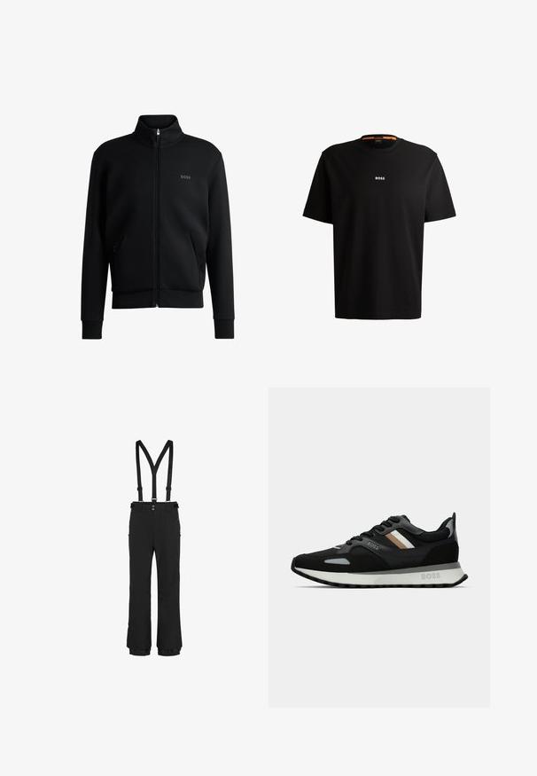 Must-haves mustaja tõmblukkidega kapuutsiga dressipluus, ribakäiste ja küljetaskutega. Vasakul rinnal on peen "BOSS" logo. Sile kangas.; Must musta T-särk ümmarguse kaelusega, lühikeste varrukatega ja valge "BOSS" logoga, mis on keskendatud rinnale. Sile tekstuur, võimaldab mugavat istuvust.; Mustad mustad püksid reguleeritavate rihmadega, esiküljel tõmblukk, külgmised tõmblukuga taskud ning elastsed mansetid hemil, et tagada kindel istuvus.; Mustmustreen jooksujalats, millel on tekstuuriga pind, helesinised aktsendid ja kolm horisontaalset triipu pruunis. Omab valget pehmendatud tallat.