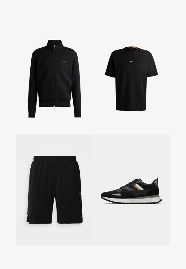 Melns zip-up džemperis ar augstu apkakli, ribotām aprocēm un sānu kabatām. Uz kreisā krūša ir smalks "BOSS" logo. Gluda auduma.; Melnas kokvilnas T-krekls ar apaļu kakla izgriezumu, īsām piedurknēm un baltu "BOSS" logo centrā uz krūšu daļas. Gluda tekstūra, ikdienišķs griezums.; Melnas sporta šorti ar elastīgu jostu, ar sānu izgriezumiem un smalku logotipa detalizāciju kontrastējošā krāsā apakšējās malās.; Melnas skrienamās kurpes ar teksturētu virsmu, gaiši pelēkiem akcentiem un trim horizontālām svītrām brūnā krāsā. Iespējo baltu polsterētu zoli.