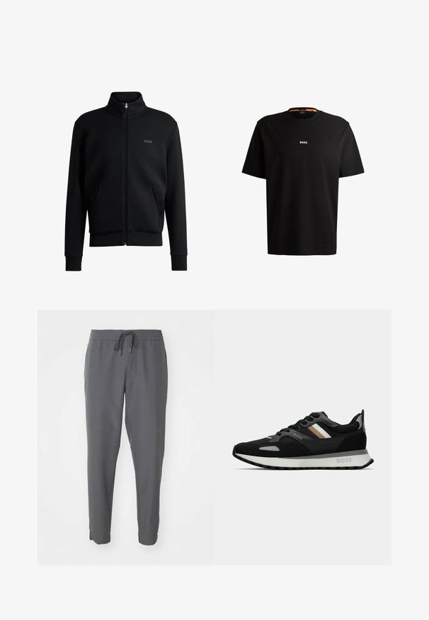 Melns zip-up džemperis ar augstu apkakli, ribotām aprocēm un sānu kabatām. Uz kreisā krūša ir smalks "BOSS" logo. Gluda auduma.; Melnas kokvilnas T-krekls ar apaļu kakla izgriezumu, īsām piedurknēm un baltu "BOSS" logo centrā uz krūšu daļas. Gluda tekstūra, ikdienišķs griezums.; Pelēkie sporta bikses, izgatavotas no gludas auduma, aprīkotas ar elastīgu jostasvietu ar auklu, sašaurinātām kājām un sānu kabatām.; Melnas skrienamās kurpes ar teksturētu virsmu, gaiši pelēkiem akcentiem un trim horizontālām svītrām brūnā krāsā. Iespējo baltu polsterētu zoli.