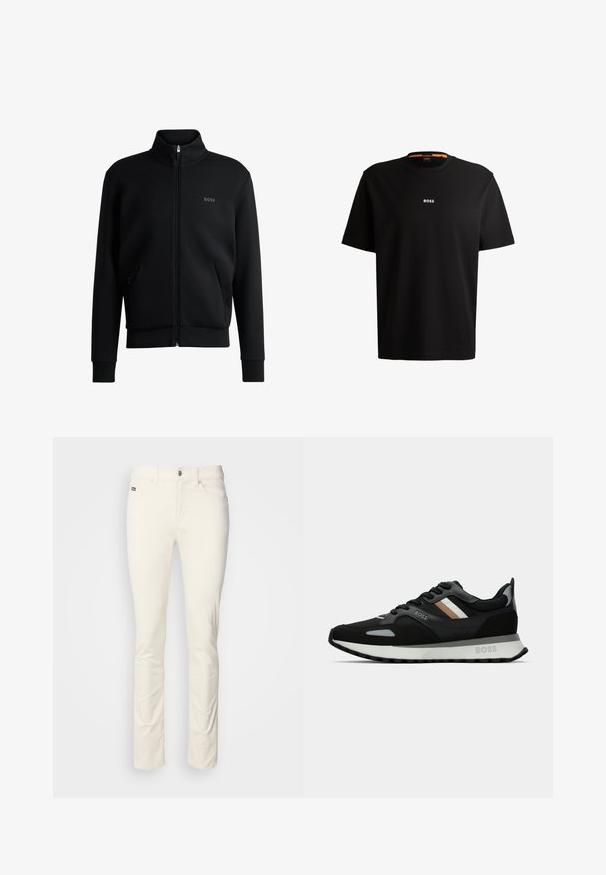 Sweat-shirt zippé noir avec col haut, poignets côtelés et poches latérales. Présente un logo 'BOSS' discret sur la poitrine gauche. Tissu lisse.; T-shirt en coton noir avec un col rond, des manches courtes, et le logo blanc "BOSS" centré sur la poitrine. Texture lisse, coupe décontractée.; Pantalon blanc à jambes droites en tissu en coton lisse. Il dispose d'une fermeture à bouton, de passants de ceinture et de poches avant. Design minimaliste sans motifs.; Baskets de course noires avec une surface texturée, accents gris clair et trois bandes horizontales marron. Elles possèdent une semelle blanche rembourrée.