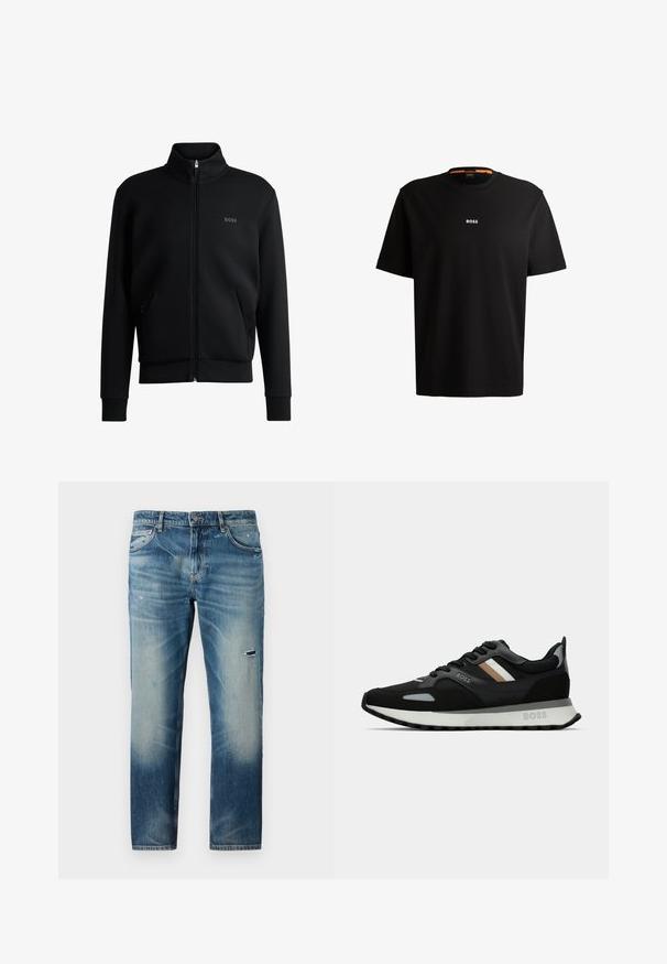 Sudadera negra con cremallera y cuello alto, puños acanalados y bolsillos laterales. Presenta un discreto logo "BOSS" en el lado izquierdo del pecho. Tejido suave.; Camiseta de algodón negro con cuello redondo, mangas cortas y el logotipo "BOSS" en blanco centrado en el pecho. Textura suave, corte casual.; Vaqueros de mezclilla azul con corte recto, que presentan un lavado descolorido, ligero desgaste y sutiles detalles de desvanecimiento. Diseño clásico de cinco bolsillos.; Zapatilla de running negra con superficie texturizada, acentos en gris claro y tres rayas horizontales en marrón. Presenta una suela blanca acolchada.