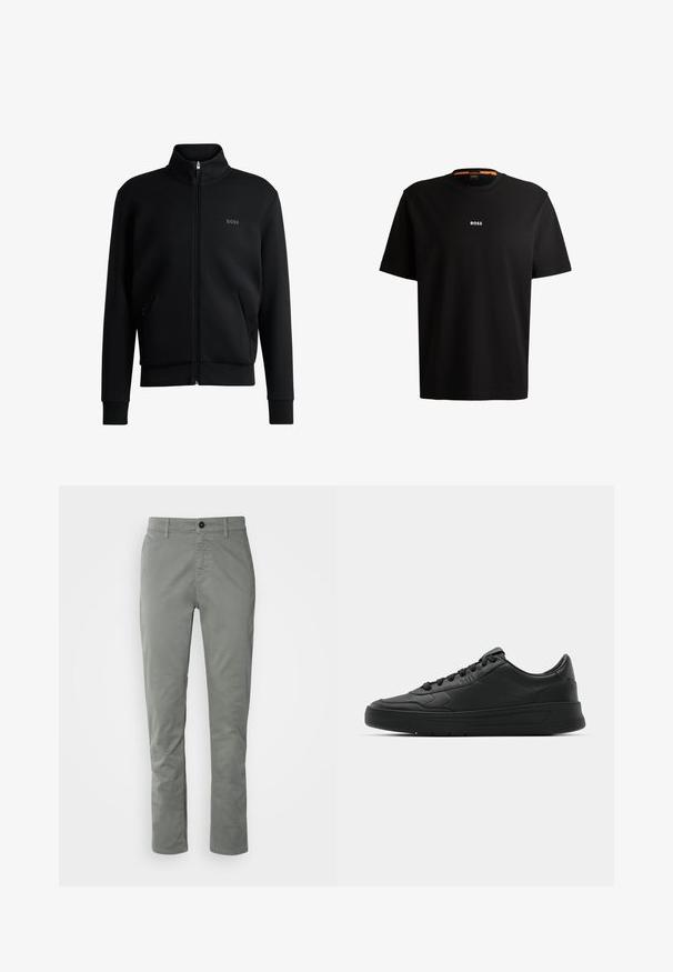 Čierna mikina na zips s vysokým golierom, elastickými manžetami a bočnými vreckami. Obsahuje jemné logo "BOSS" na ľavej hrudi. Hladká tkanina.; Čierne bavlnené tričko s okrúhlym výstrihom, krátkymi rukávmi a bielym logom "BOSS" umiestneným na hrudi. Hladká textúra, voľný strih.; BOSS CHINO - Nohavice chinos - open grey; Čierne tenisky s hladkým koženým zvrškom, okrúlym špičkou, plochými šnúrkami, polstrovaným golierom a minimalistickým dizajnom. Gumená podrážka s jemným vzorom behúňa.