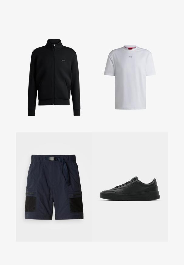 Melns zip-up džemperis ar augstu apkakli, ribotām aprocēm un sānu kabatām. Uz kreisā krūša ir smalks "BOSS" logo. Gluda auduma.; Balta kokvilnas T-kreklu ar īsām piedurknēm, apaļu kakla izmēru un melnu "HUGO" logo uz krūtīm. Gluda tekstūra, ikdienišķs piegriezums, bez rakstiem.; Jūras zilas šorti ar strukturētu apdari, elastīga jostasvieta ar jostu, sānu rāvējslēdzējiem un melnu sieta dekoru kabatās. Viegls dizains.; Melnās kedas ar gludu ādas augšpusi, apaļu purngalu, plakaniem šņorēm, mīkstinātu apkakli un minimālistisku dizainu. Gumijas zole ar smalku rakstu.