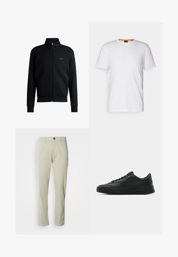 Čierna mikina na zips s vysokým golierom, elastickými manžetami a bočnými vreckami. Obsahuje jemné logo "BOSS" na ľavej hrudi. Hladká tkanina.; Biely bavlnený tričko s okrúhlym výstrihom, krátkymi rukávmi a jemne embosovaným logom na hrudi. Vnútorná etiketa má oranžový akcent.; Béžové bavlnené chinos nohavice so strihom rovného strihu, s zipsom a jedným gombíkom na zapínanie. Obsahujú pútka na opasok a majú hladkú textúru.; Čierne tenisky s hladkým koženým zvrškom, okrúlym špičkou, plochými šnúrkami, polstrovaným golierom a minimalistickým dizajnom. Gumená podrážka s jemným vzorom behúňa.