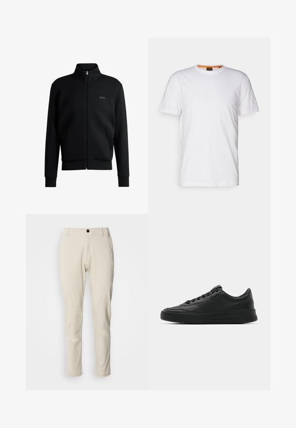 Juodas zip-up megztinis su aukštu apykakle, raukiniais ant rankovių ir šoninėmis kišenėmis. Kairėje krūtinės pusėje yra subtilus "BOSS" logotipas. Lygus audinys.; Balta medvilnė marškinėliai su apvalia iškirpte, trumpomis rankovėmis ir subtiliu iškilniu logotipu ant krūtinės. Viduje esantis etiketas turi oranžinį akcentą.; Smėlio spalvos chino kelnės su tiesiu kirpimu, pagamintos iš minkštos medvilnės audinio, su užtrauktuku ir vienu juodu mygtuku.; Juodi sportiniai batai su lygia odine viršutine dalimi, apvaliu pirštu, plokščiomis raišteliais, pagaminta su paminkštinta apykakle ir minimalizmo dizainu. Guma padais su subtilia protektoriaus raštu.