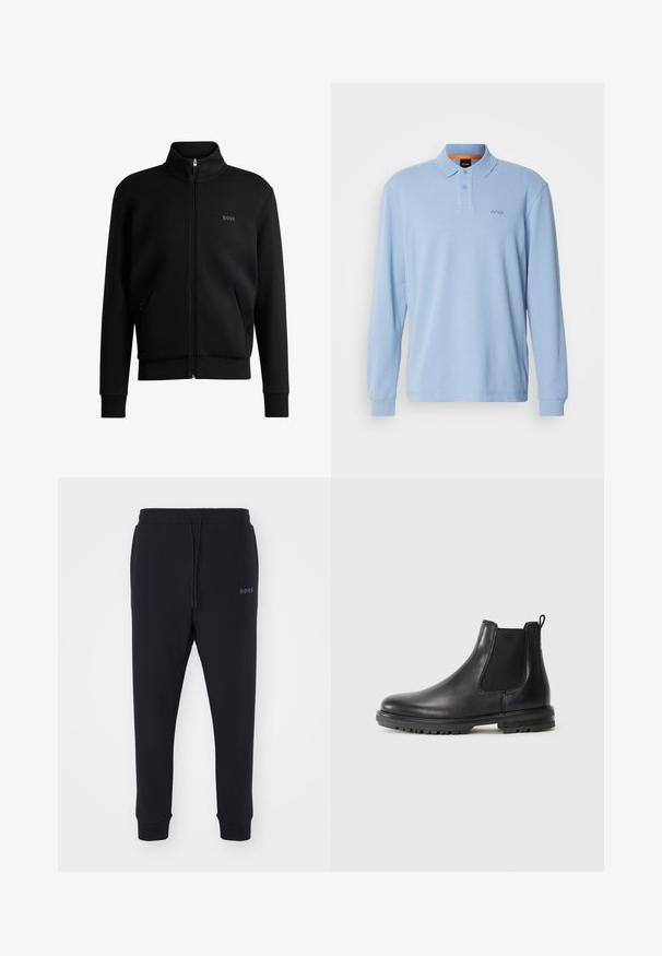 Sudadera negra con cremallera y cuello alto, puños acanalados y bolsillos laterales. Presenta un discreto logo "BOSS" en el lado izquierdo del pecho. Tejido suave.; Polo de manga larga azul claro en tejido texturizado con cuello y tapeta de dos botones, que presenta el logotipo bordado "BOSS" en el pecho.; Pantalones de chándal negros fabricados en material suave, con cintura elástica, cordón ajustable y piernas ajustadas. Presenta un pequeño logo en el lateral.; Botín Chelsea de cuero negro con paneles elásticos en los laterales, tirador, punta redondeada y suela resistente con ranuras de tracción.