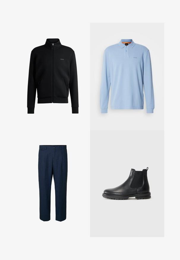 Must-haves mustaja tõmblukkidega kapuutsiga dressipluus, ribakäiste ja küljetaskutega. Vasakul rinnal on peen "BOSS" logo. Sile kangas.; Hele sinine pika varrukaga polo särk tekstuurse kangaga, krae ja kahe nööbiga, millel on rinnal brodeeritud "BOSS" logo.; Tumed sinine linane püksid sirge lõikega, millel on kaks eesmist taskut, kaks tagumist taskut ja üks nööbidüü peal.; Must musta Chelsea saapad elastsete külgpaneelidega, tõmbetagatisega, ümmarguse varbaga ja robustse tallaga, millel on haardekabiinid.