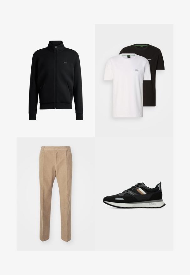 Fekete zipzáras kapucnis pulóver magas gallérral, bordázott mandzsettákkal és oldalsó zsebekkel. Diszkrét "BOSS" logó található a bal melbimen. Simább anyag.; Két pamut póló fekete és fehér színben, kerek nyakkivágással és egy kis logóval a mellrészen. Mindkét pólón rövid ujj található és egyenes szabású.; Beige kordbársony nadrág, egyenes szabású dizájnnal, elülső gyűrődéssel, övhurkokkal és oldalsó zsebekkel. Simább, puha tapintás.; Fekete futócipő, texturált felülettel, világosszürke díszítésekkel és három északi csíkkal barnában. Fehér párnázott talpával rendelkezik.