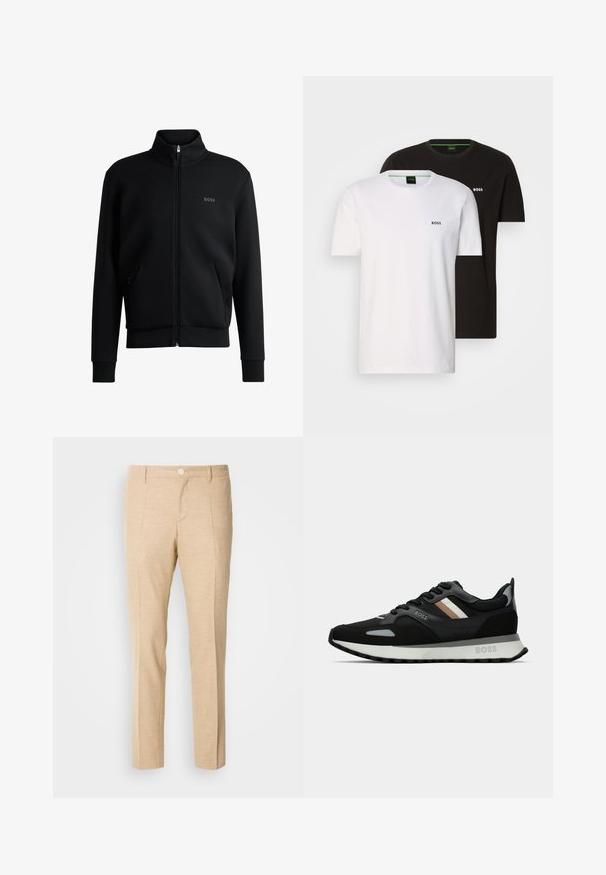 Črna zip-up pulover s visokim ovratnikom, rebrastimi manšetami in stranskimi žepi. Ima subtilno logo "BOSS" na levem prsnem delu. Gladka tkanina.; Dve bombažne majice v črni in beli barvi, s krožnim ovratnikom in majhnim logotipom na prsih. Obe imata kratke rokave in ravno krojenje.; Bež hlače s krojem, narejenim po meri, z teksturirano tkanino, ravnimi nogami, sprednjimi pregibi in enim gumbom za zapiranje v pasu.; Črne tekaške čevlje z teksturirano površino, svetlo sivi poudarki in tremi vodoravnimi črtami v rjavi barvi. Imajo belo oblazinjeno podplat.