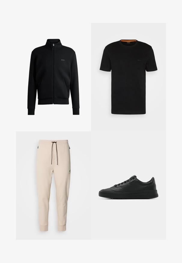 Melns zip-up džemperis ar augstu apkakli, ribotām aprocēm un sānu kabatām. Uz kreisā krūša ir smalks "BOSS" logo. Gluda auduma.; Melnā T-kreklu ar īsām piedurknēm, kas izgatavots no mīksta auduma, ar apaļu kakla izgriezumu un diskrētu logotipu priekšpusē. Iekšējā apkakle ar oranžu akcentu.; Beige kokvilnas sporta bikses ar auklu jostasvietā, šaurāka piegriezuma, divām sānu kabatām un mazu birku kreisajā augšstilbā. Gluda apdare.; Melnās kedas ar gludu ādas augšpusi, apaļu purngalu, plakaniem šņorēm, mīkstinātu apkakli un minimālistisku dizainu. Gumijas zole ar smalku rakstu.